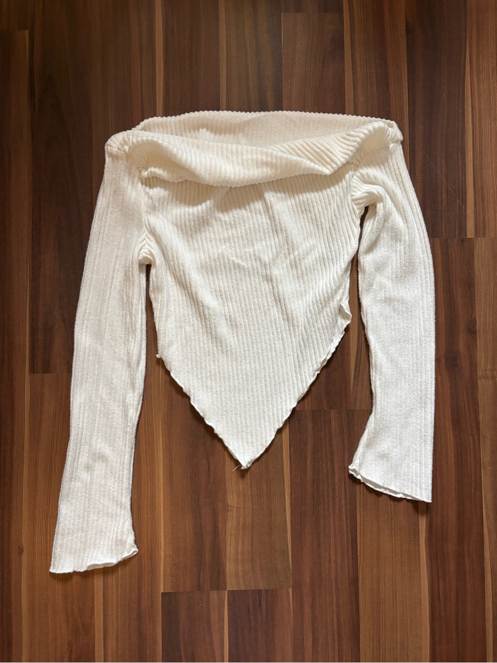 Off-Shoulder Ribbed Pointed-Hem Long Sleeve Top - White